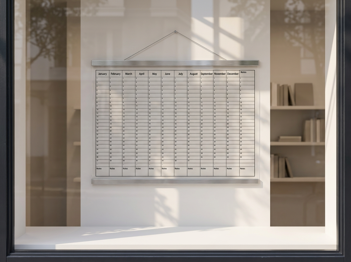 Plain DayByLife transparent year calendar displayed on a large shop window