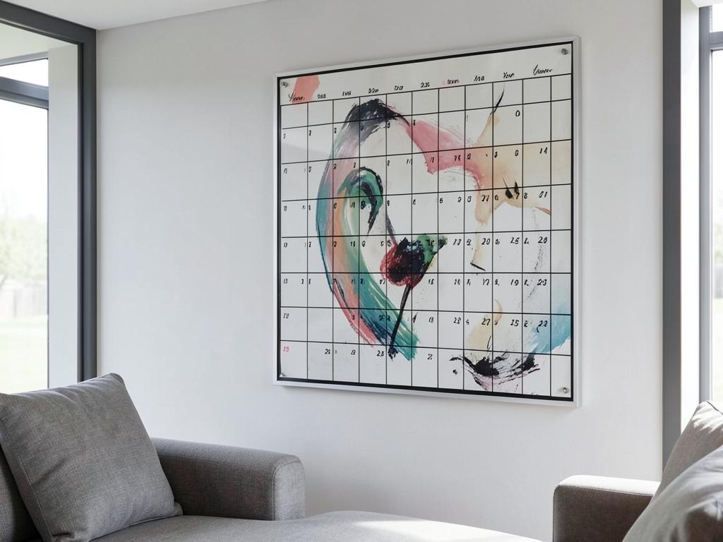 Transparent year planner layered over a framed art poster on a living room wall